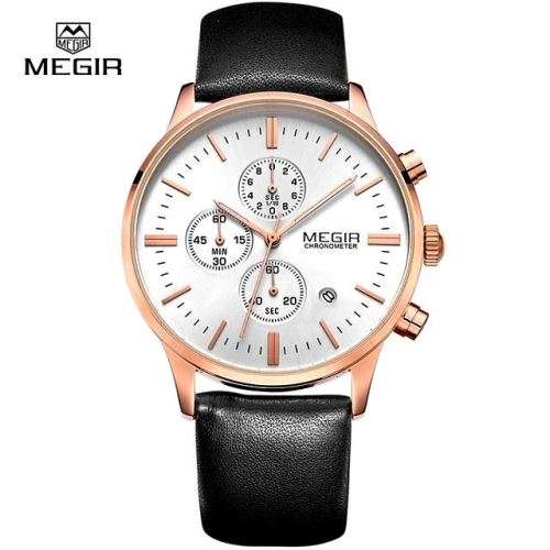 Men s Watches Megir 2011 Chronograph Watch 6 HANDS Black Strap Gold Case White Dial was sold for 241.00 on 27 Jun at 23 01 by nylocx in Koppies ID 351670924